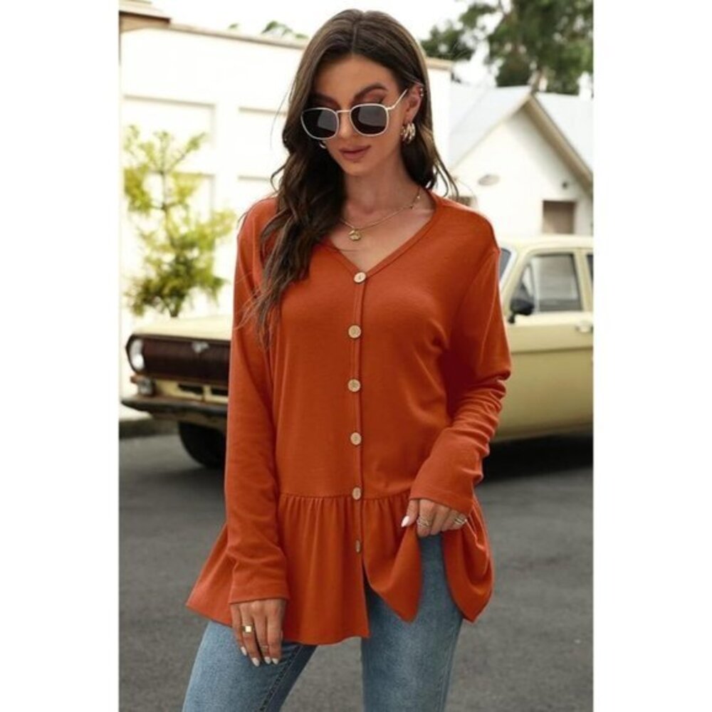 Women's Burnt Orange Long Sleeve Babydoll V-neck Ruffle Top